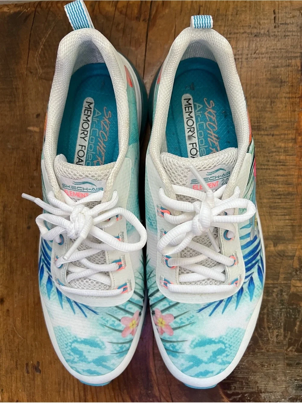 Skechers White Teal Pink Floral Memory Foam Sneakers